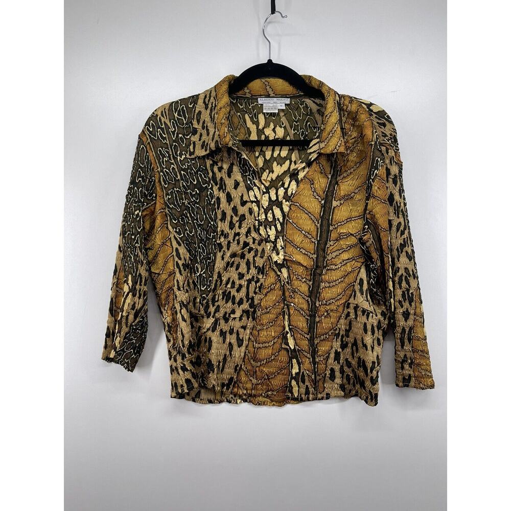 Alberto Makali Blouse Top Womens Gold Leopard Animal Print M‎ Stretch 3/4 Sleeve - Picture 4 of 10